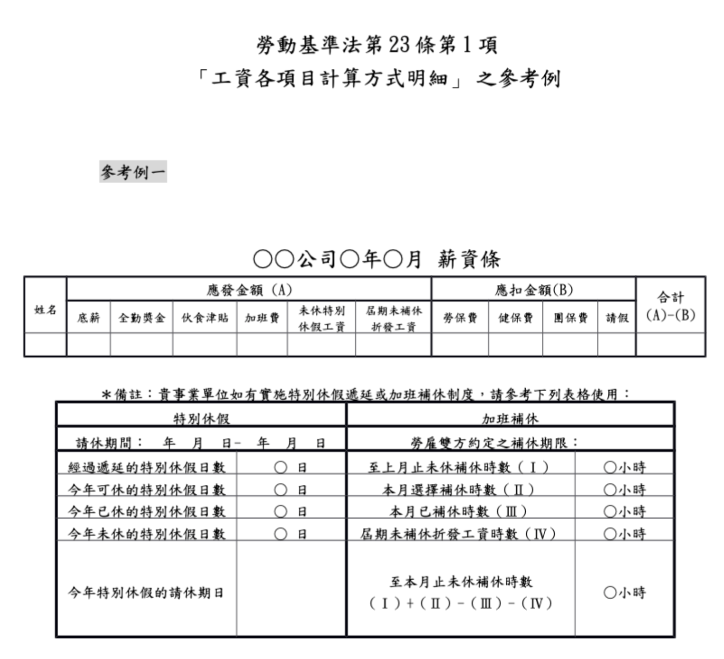 薪資結構表範例一